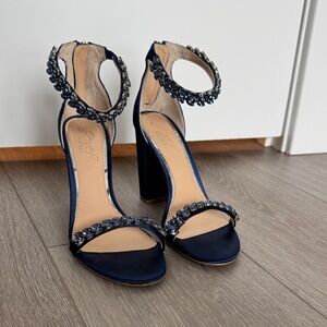 Badgley Mischka Embellished Navy Satin Ankle-Strap Heels